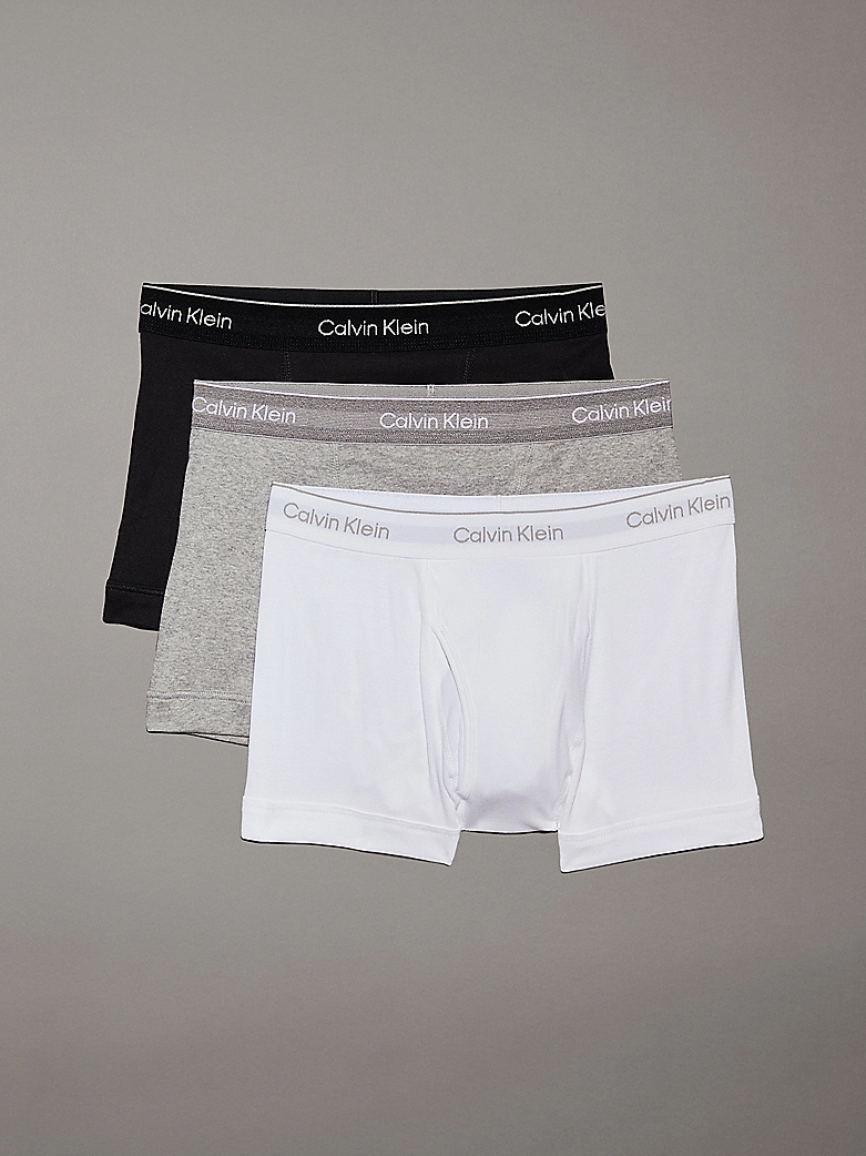 Calvin Klein Cotton Classics 3-pack underwear in black, gray, and white with signature waistband – comfortable gift for him.