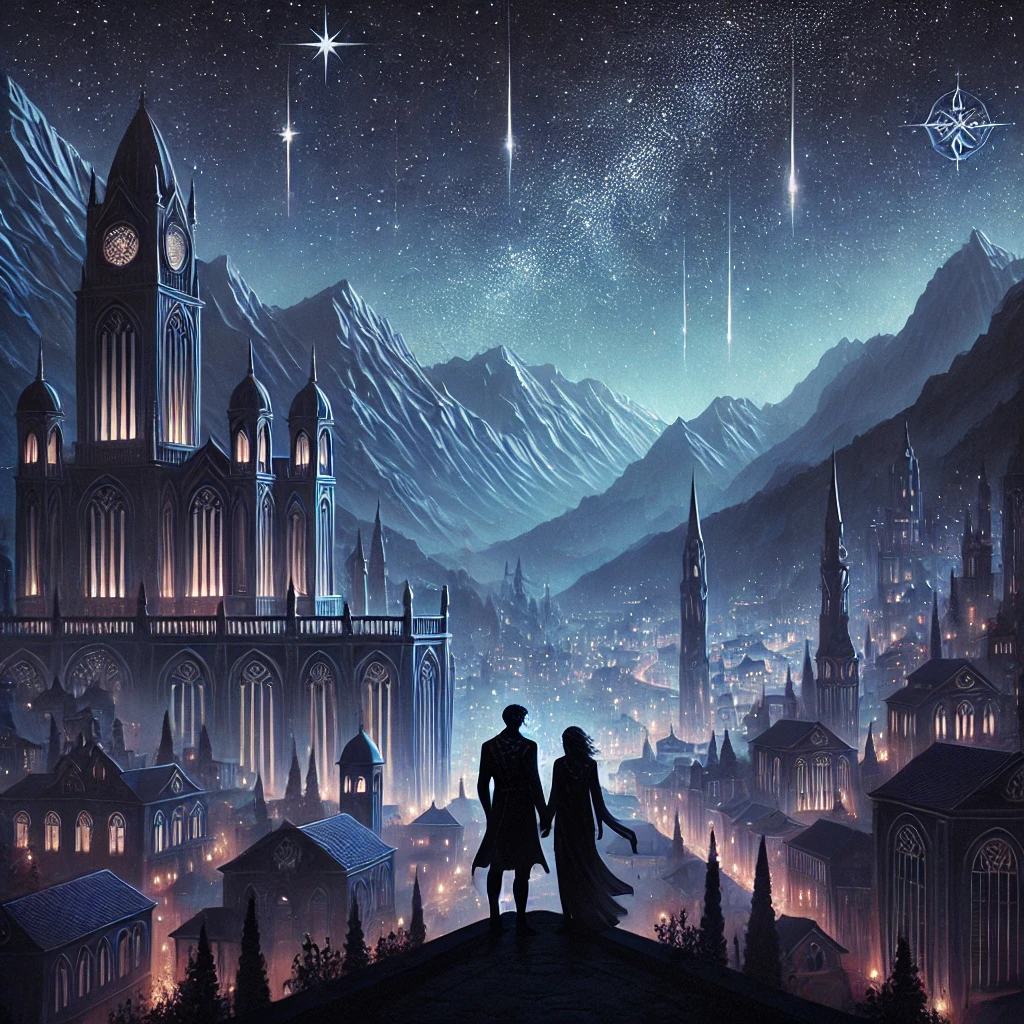 Illustration of Velaris at night, the starlit city in A Court of Thorns and Roses, with the silhouettes of Rhysand and Feyre standing together under the moonlight.