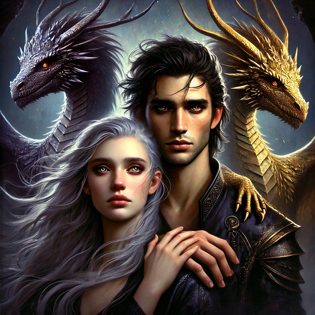 Illustration of Velaris at night, the starlit city in A Court of Thorns and Roses, with the silhouettes of Rhysand and Feyre standing together under the moonlight.