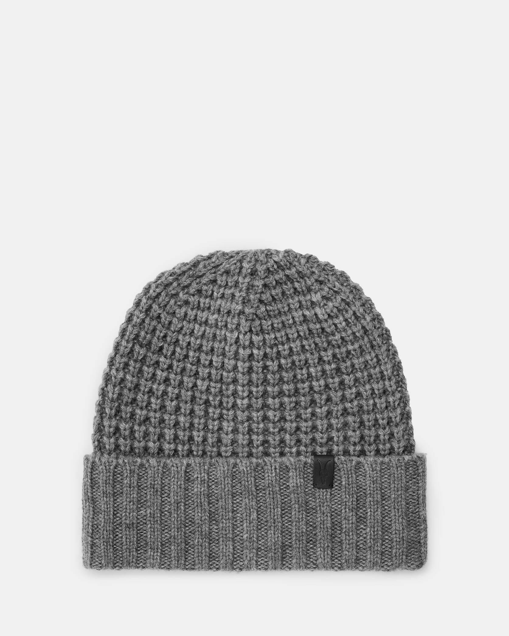 AllSaints Nevada Beanie in gray with ribbed knit texture and Ramskull logo patch – cozy gift idea.